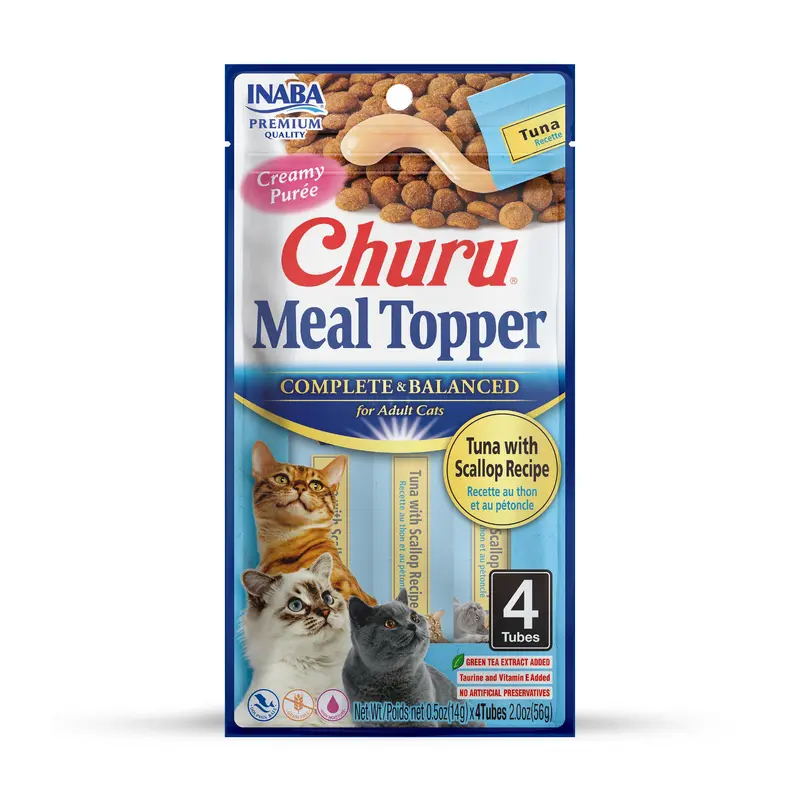 INABA Churu Pure Cat Food Topper, 0.5 Ounce Tube, 4 Tubes, Tuna with Scallop Recipe