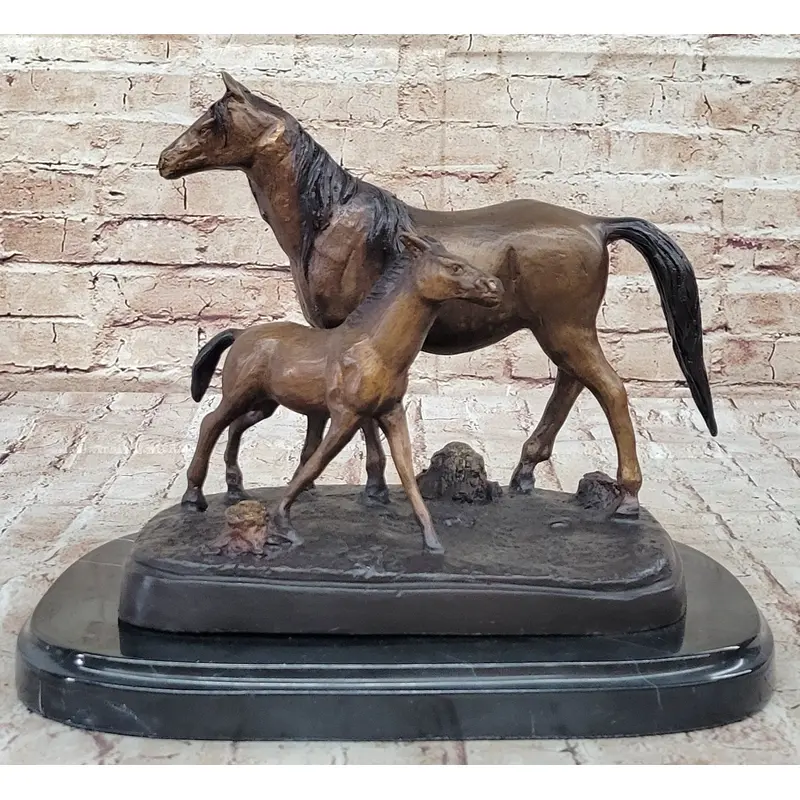 Bronze Sculpture Figurine Mare W/ Her Baby Horse Stallion Farm Art Deco Moigniez