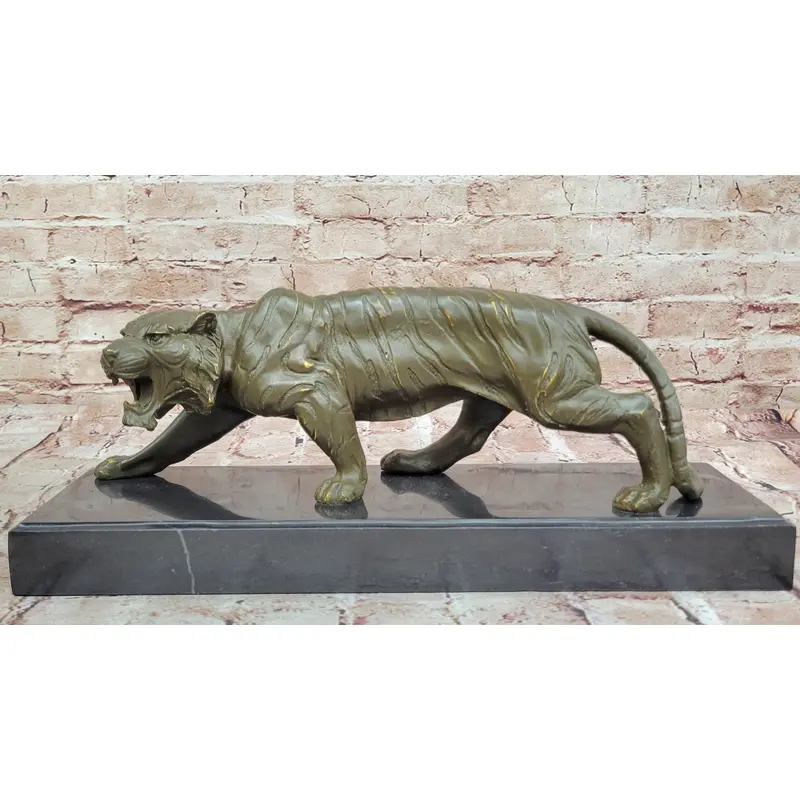 Roaring Bronze Tiger Sculpture on Marble Base   Wildlife Art