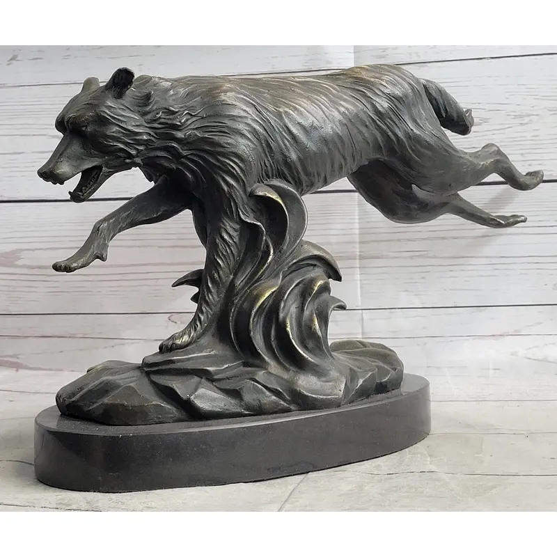 Running Wolf Dog Wildlife Art Decor Bronze Metal Statue Sculpture Original Art