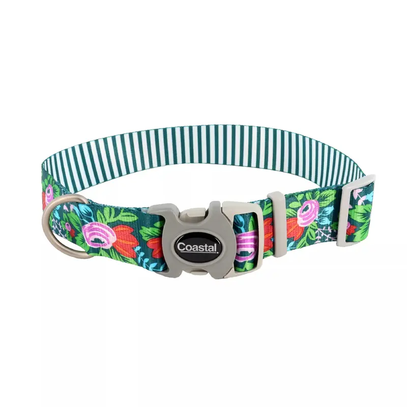 Coastal Sublime 1 1/2in Wide 18-26in Adjustable Dog Collar Flower Stripe