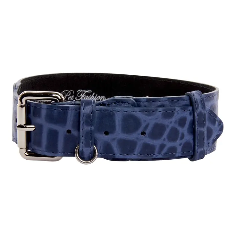 Blue Embossed Croc Italian Leather Collar With Silver Classic Hardware