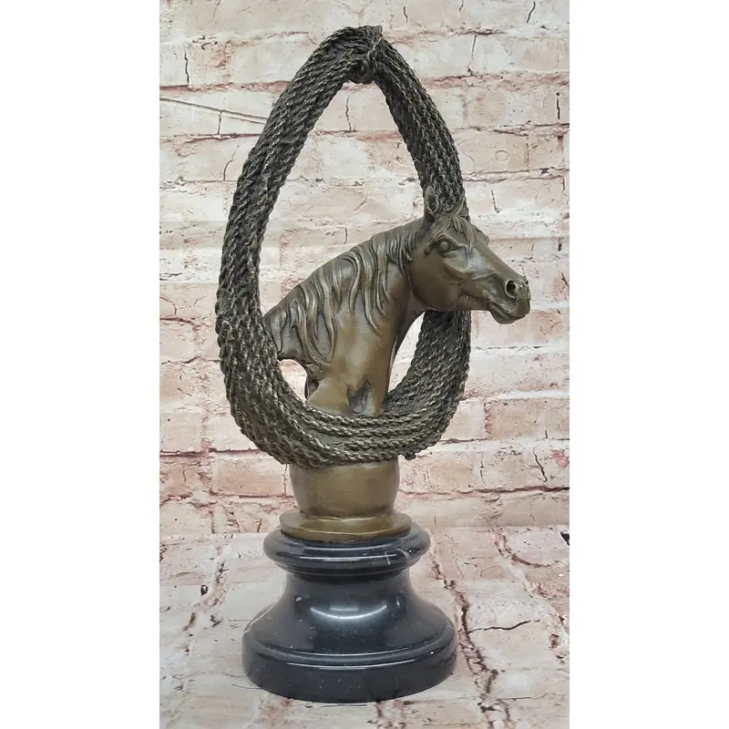 Bronze Horse Head with Braided Lasso Sculpture on Marble Base