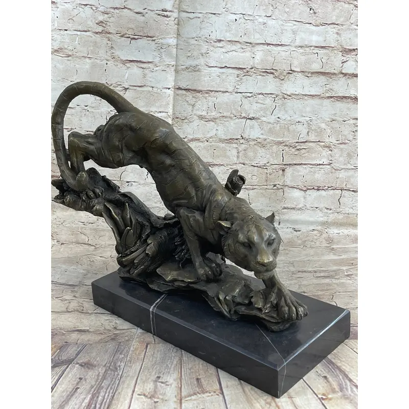 Tiger Bronze Sculpture Statue Figure on Marble Base Signed