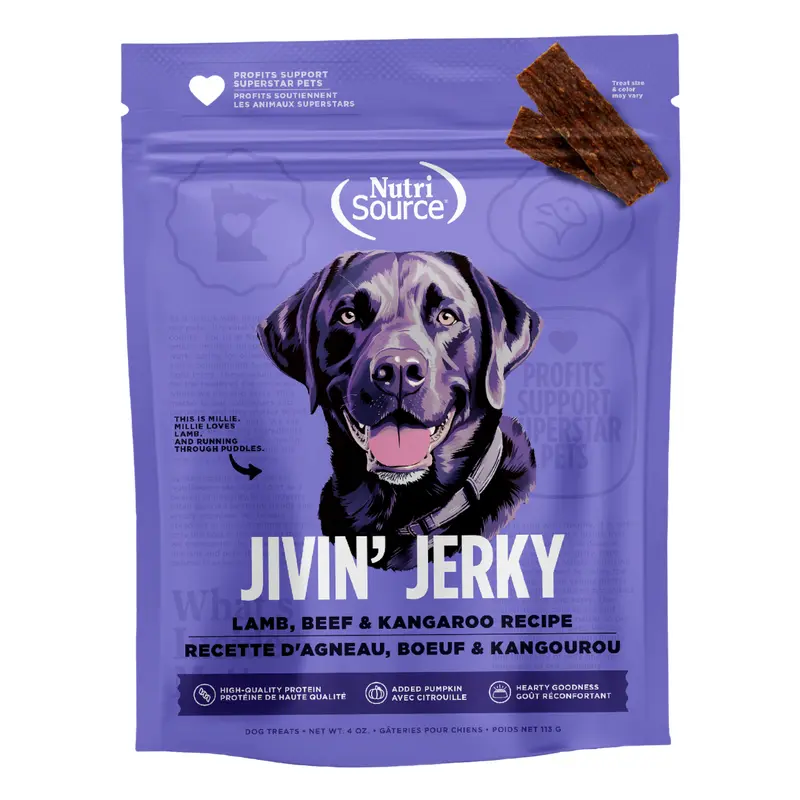 Nutrisource Jivin Jerky Strips Dog Treat Lamb Beef and Kangaroo Recipe 4 oz