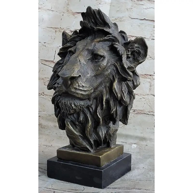 Hot Cast Bronze Male Lion Bust Sculpture Statue Original Art on Marble Base