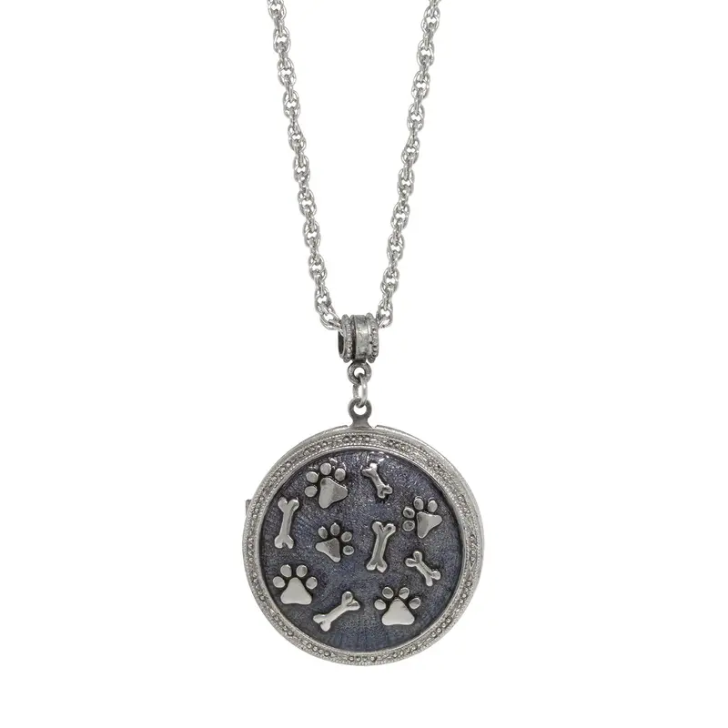 1928 Jewelry Blue Enamel Round Paws And Bones Locket Necklace 28"