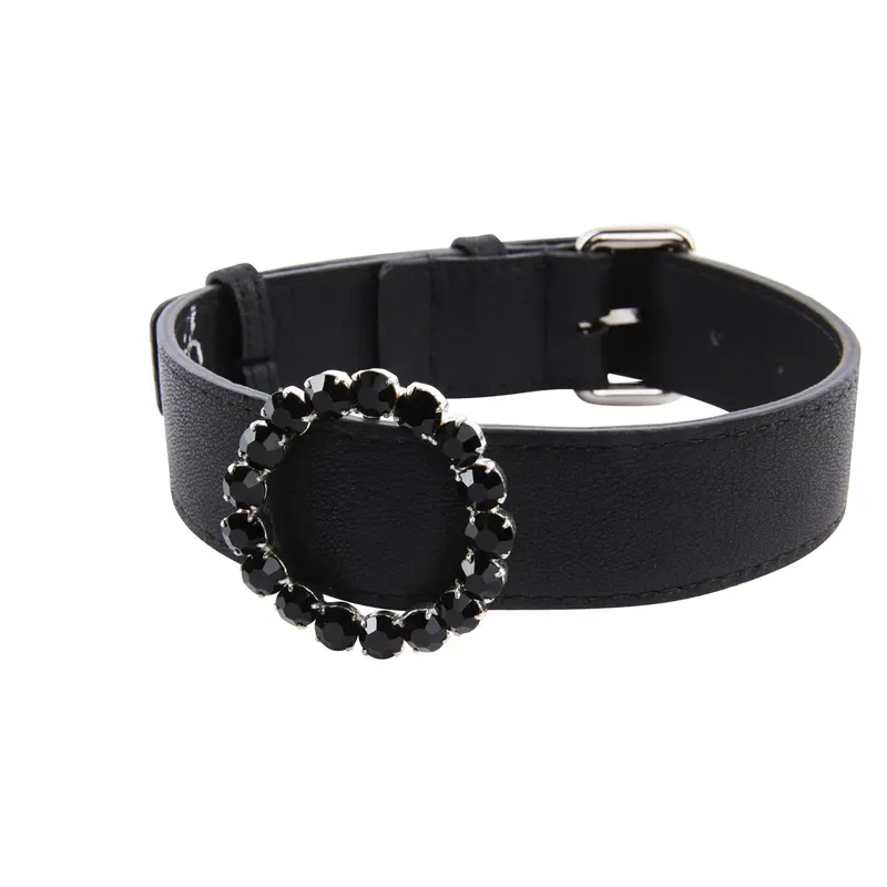 Black Italian Leather Collar With Authentic Crystal Ring/Reversible Classic Collar