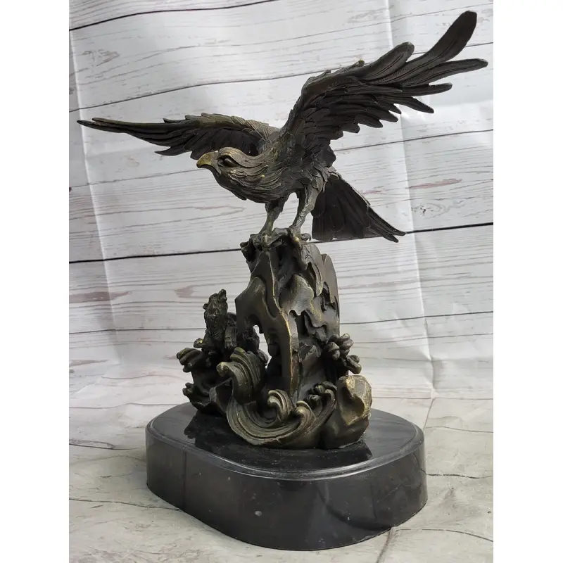 Eagle Landing on Waves Water Bronze Metal Statue Sculpture Figurine Decor Signed