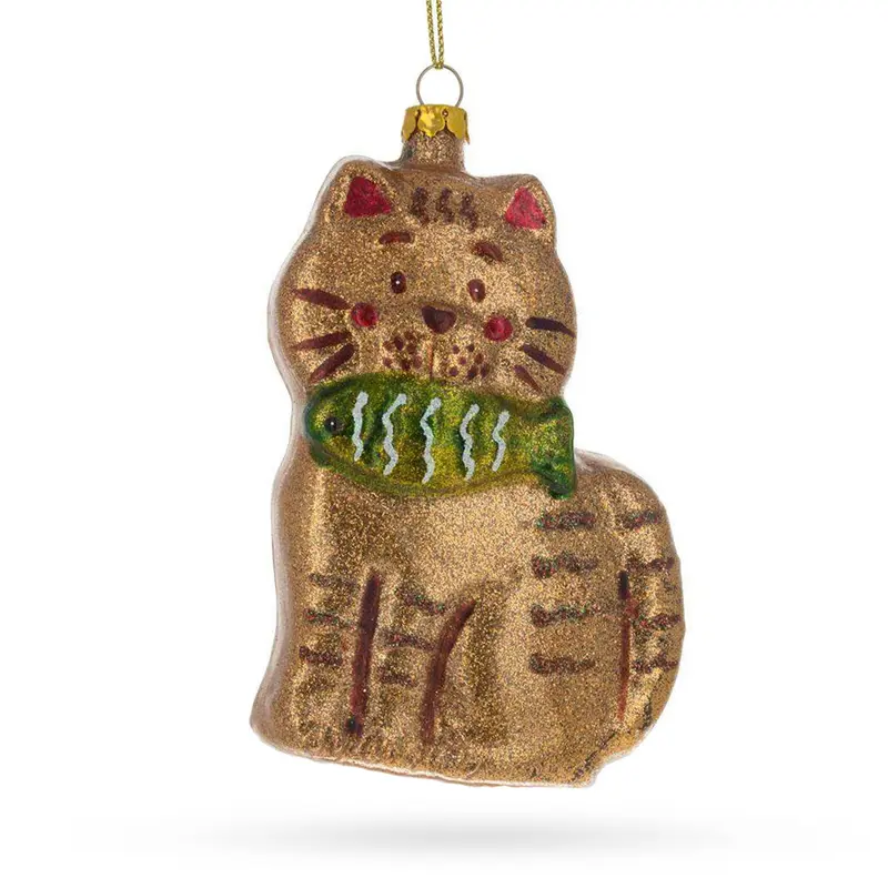 Sparkling Glittered Gingerbread Cat Holding a Fish Glass Christmas Ornament