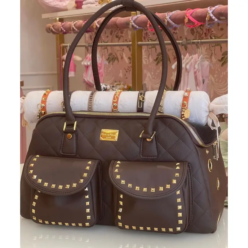 Designer Dog Travel Carrier - Chocolate with Gold Studs