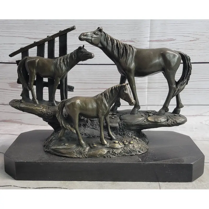 Horse Farm Horses Behind Stables Bronze Sculpture Statue Figure Equestrian Art Decor