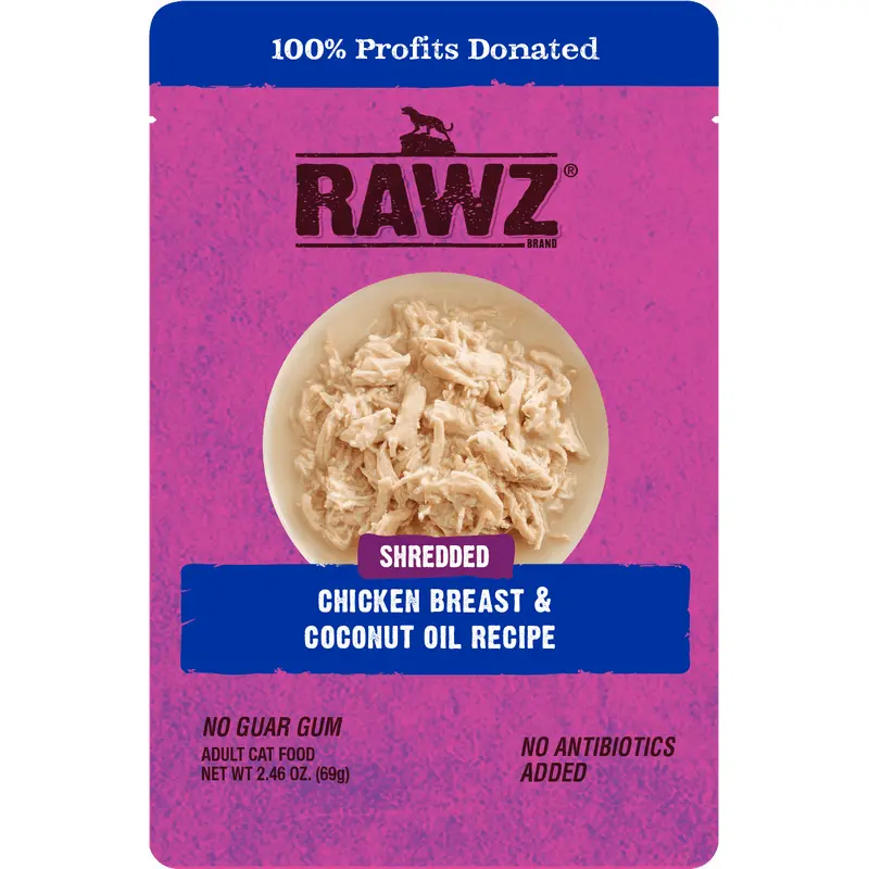 Raws Wet Cat Food 2.4oz Pouch Shreds Chicken and Coconut Oil