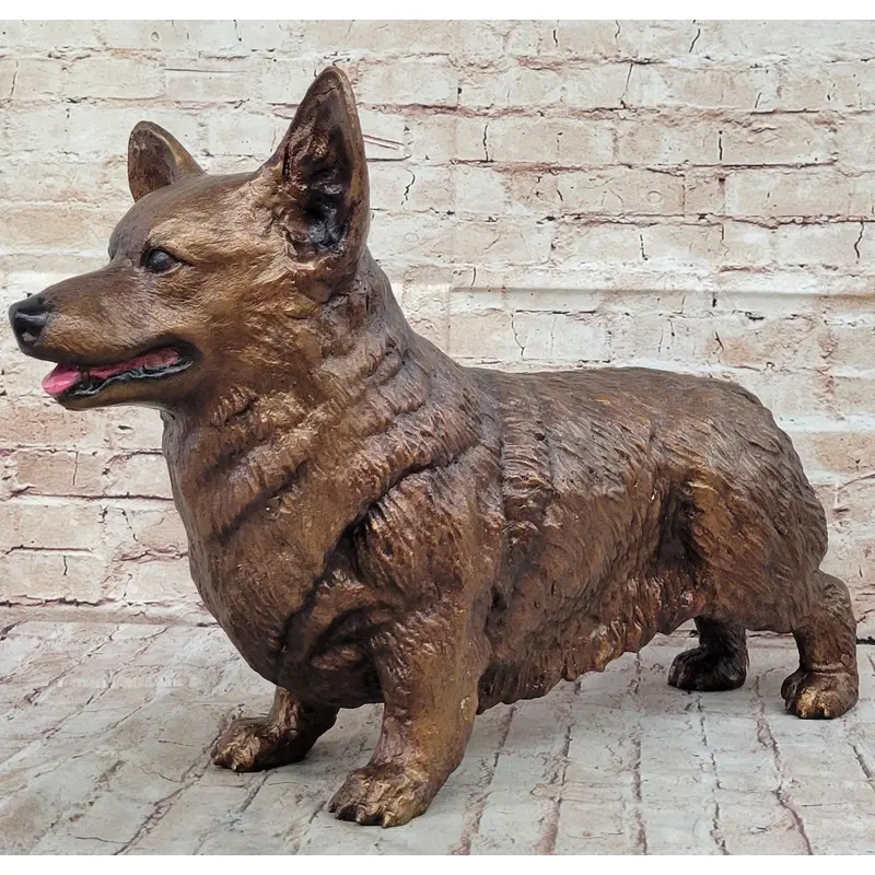 Bronze Metal Corgi Dog Sculpture Statue Figurine Collectible Decor Signed Art