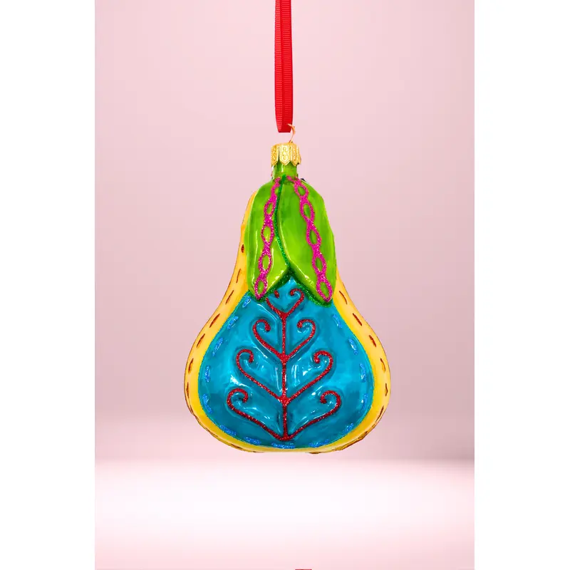 Folk Pear Glass Christmas Ornament