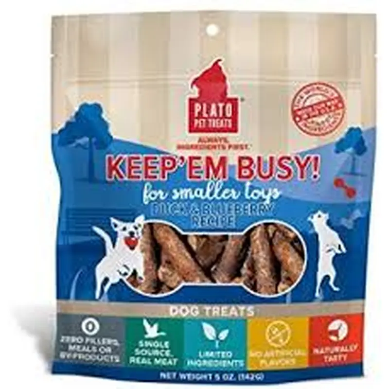 Plato Keep 'Em Busy Toy Stuffer Duck And Blueberry Meat Stick Dog Treat; 5- Oz Bag