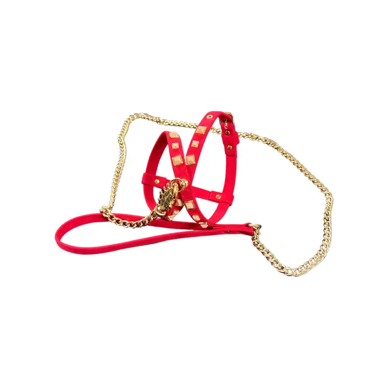 Fashion Dog Harness and Chain Leash Set - Red with Studs