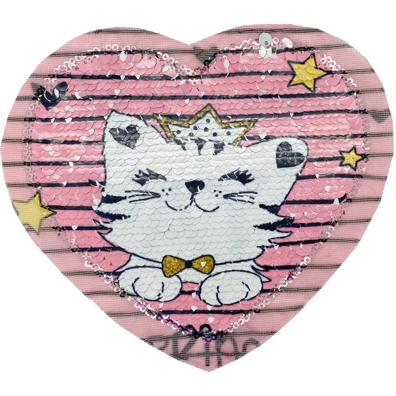 Pink Sequin Cat with Stars Heart - Patch