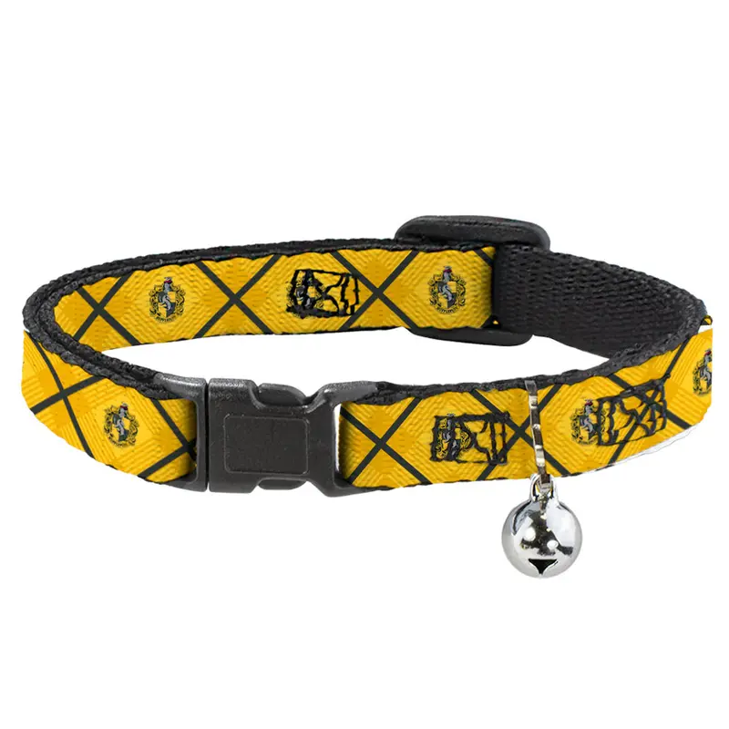 Buckle-Down Cat Collar - Harry Potter  HUFFLEPUFF Crest Plaid Yellows/Gray