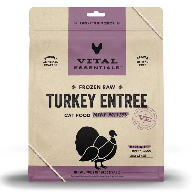 Vital Essentials Frozen Raw Turkey Entree Mini Patties Cat Food 28 oz