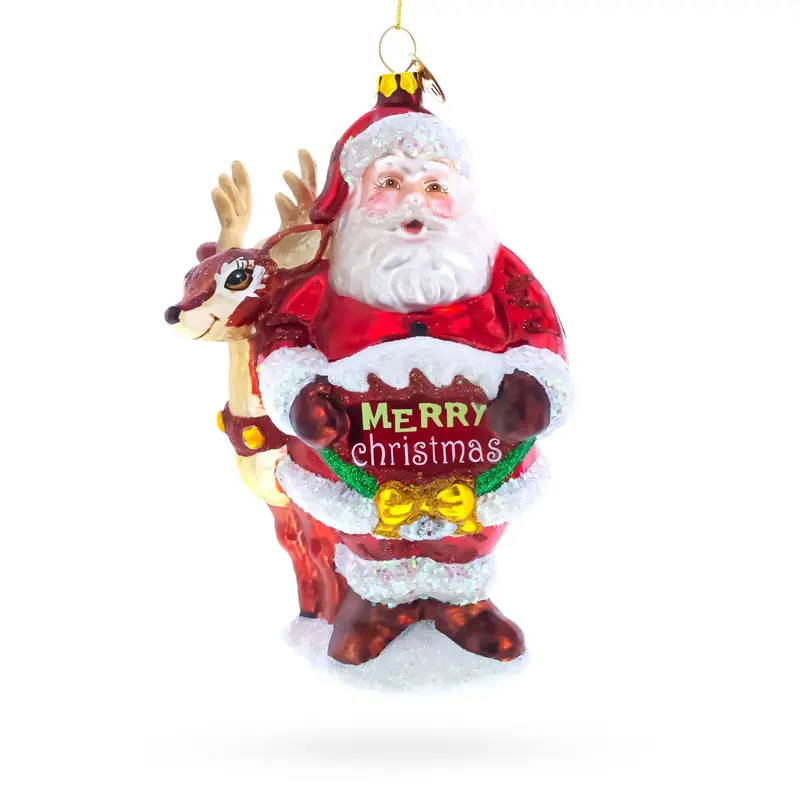 Santas Sleigh Ride: Santa with Reindeer Blown Glass Christmas Ornament