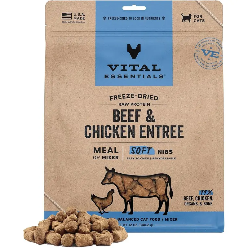 Vital Essentials Freeze Dried Soft Nibs Beef Chicken Raw Cat Food 12oz