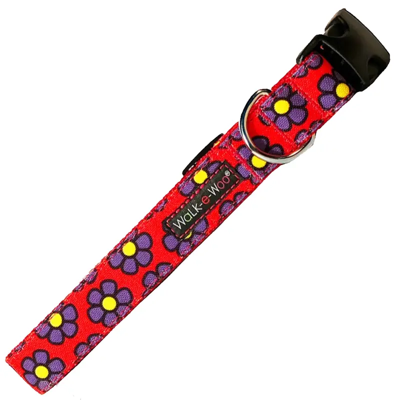 Walk-e-Woo Purple Daisies On Red Collar